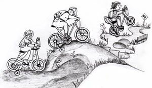 A family biking on the bumpy road
